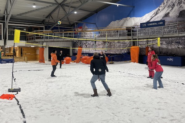 Versla je vrienden. familie of collega's in een pot sneeuw volleybal