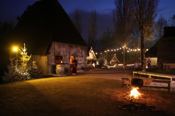 Versiert met dennenbomen en kerstverlichting