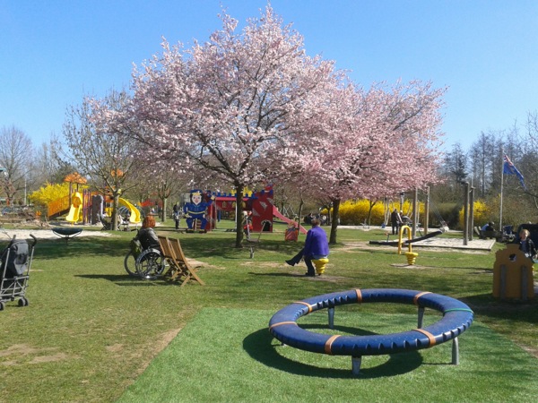 De buitenspeeltuin in bloei