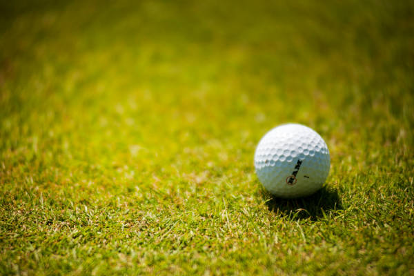 Witte golfbal op groen gras