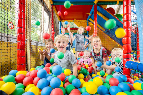 Kinderen spelen in de ballenbak