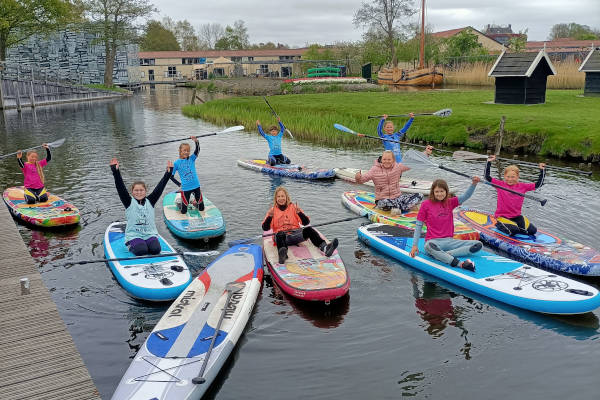 Groep kinderen op de sups in het water