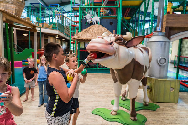 Kinderen voeren de koe ballen uit de ballenbak